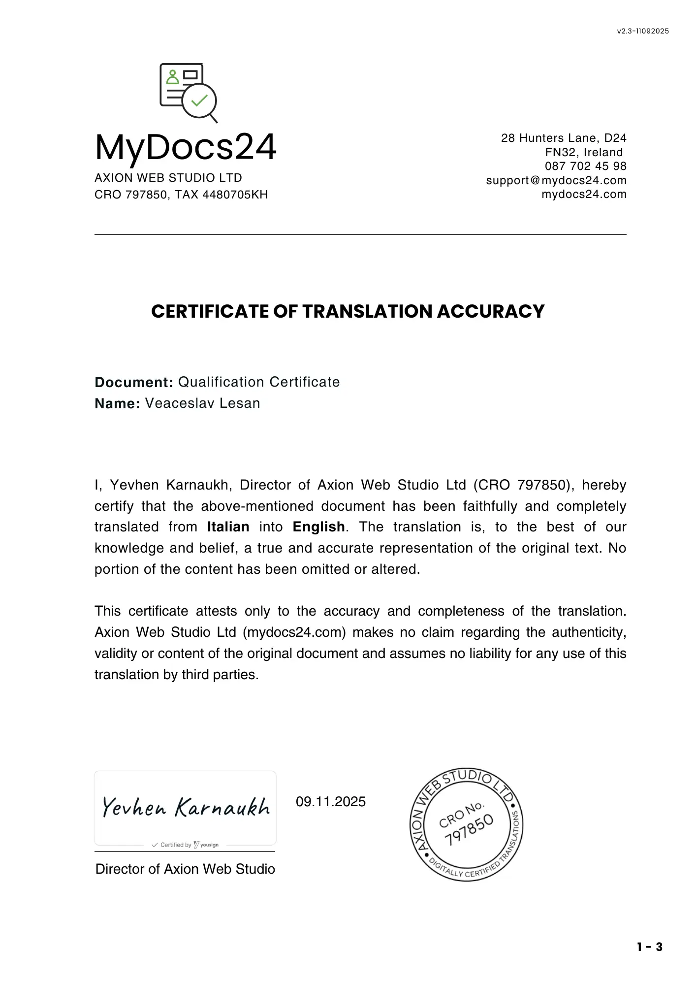 Certificate of accuracy